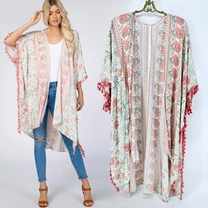 Plus Size Pink Mixed Floral Fringe Trim Cover Up Duster Sz 2X-3X